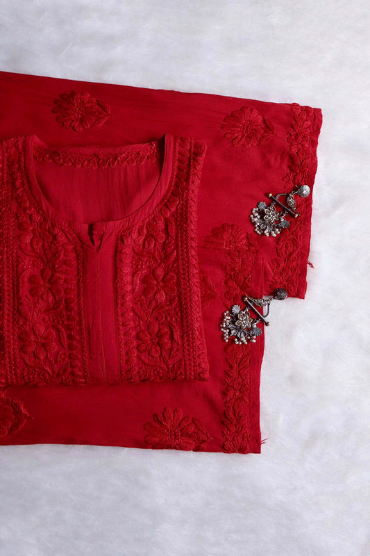 AVANI RED RAYON KURTA PANT SET