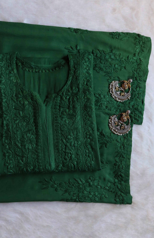 HEENA BOTTLE GREEN RAYON KURTA PANT SET