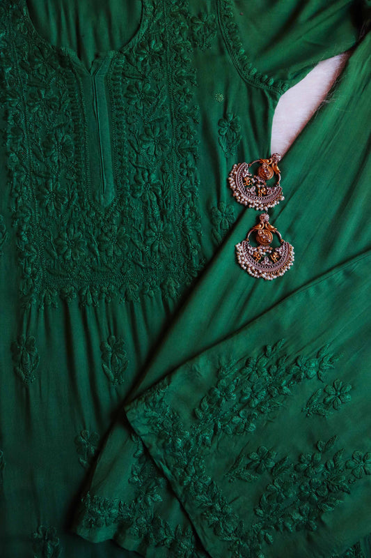 HEENA BOTTLE GREEN RAYON KURTA PANT SET